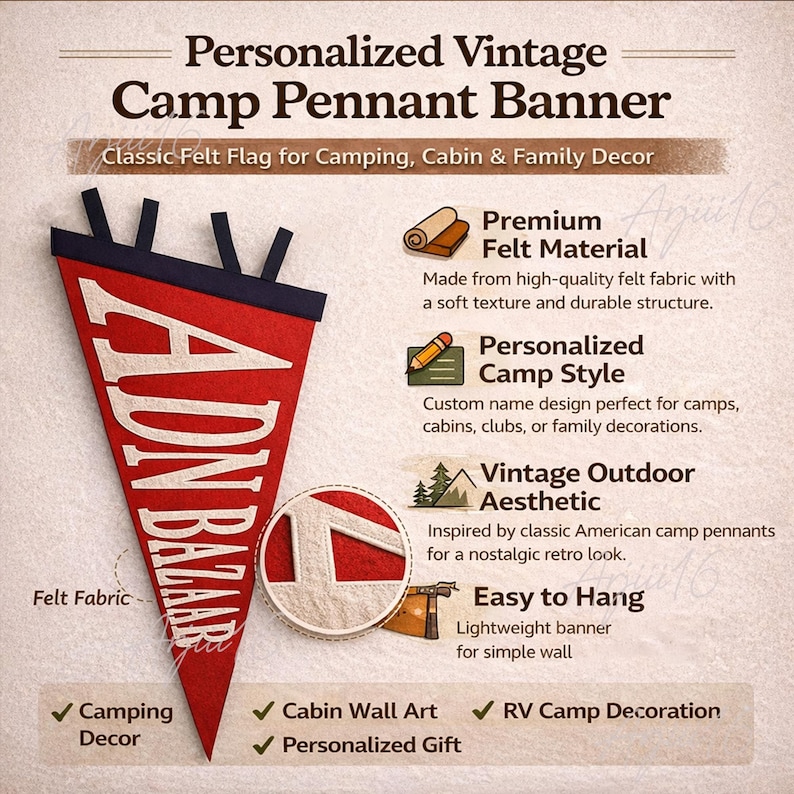 May include: A red felt pennant banner with the text "ADON BAZAAR" in white. The banner is designed for camping, cabin, and family decor. It features a vintage outdoor aesthetic and is easy to hang.