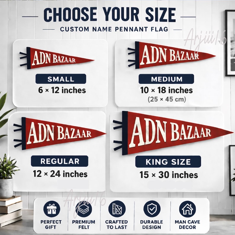 May include: A display of custom name pennant flags in four sizes: small (6 x 12 inches), medium (10 x 18 inches), regular (12 x 24 inches), and king size (15 x 30 inches). Each flag is red with white text and the brand name "ADN BAZAAR".