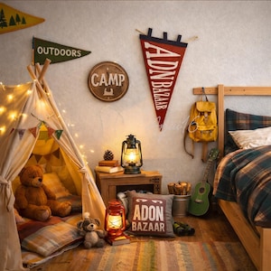 May include: A cozy bedroom scene with a teepee, fairy lights, and camping-themed decor. Includes a teddy bear, a red lantern, and a green ukulele. The wall features pennants that read "OUTDOORS", "CAMP", and "ADON BAZAAR".