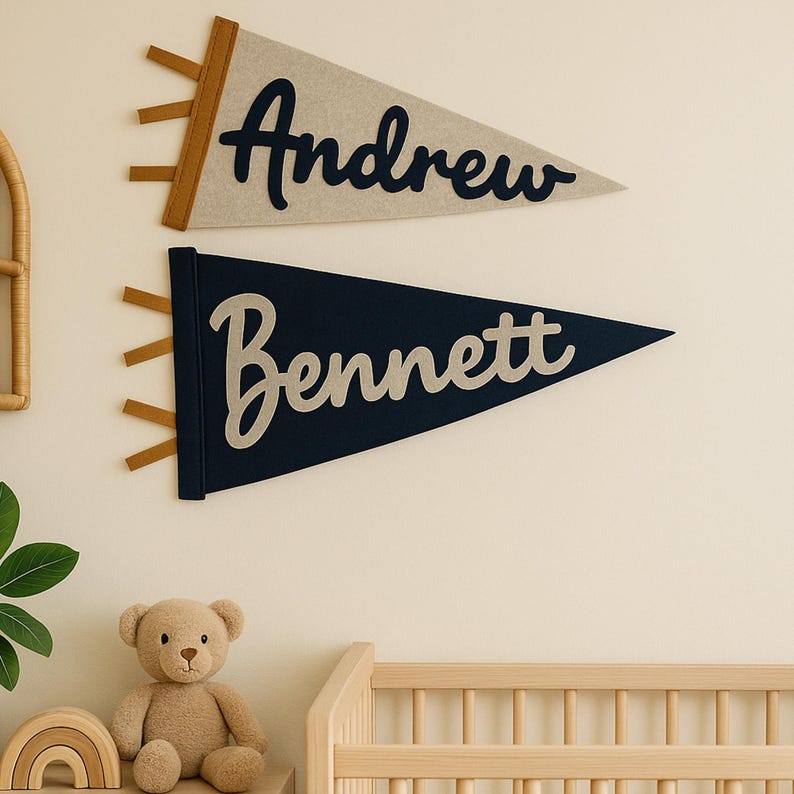 Personalized Name Pennant for Nursery Room Decor | Baby Shower Gift | Baby Boy Girl Name Nursery Flag | Baby Name Banner Blag Wall Hanging image 1