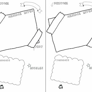 Puede incluir: Una página de diario imprimible con dos secciones para llevar un diario. Cada sección tiene un espacio para las escrituras, notas de mensajes, pensamientos, garabatos y un lugar para orar. La página es en blanco y negro.