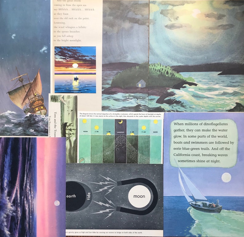 Papercraft Paper Scrapbook And Planner Kit Number 21 The Ocean At Night Vintage Moon And Tides Collage