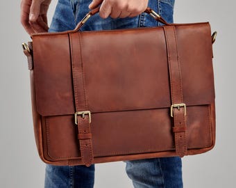 Personalized Leather Laptop Briefcase, Custom 15-inch Business Attache, Handmade Professional Case, Minimalist Executive Bag