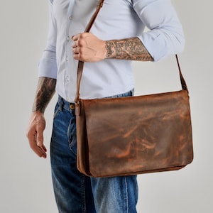 Personalisierte Vintage Laptoptasche aus Leder mit Schultergurt, Tasche Geschenke für Männer, Computertasche aus Leder, Tasche laptop leder