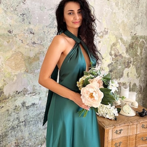 Emerald green satin bridesmaid dress, green satin slip dress, wedding guest dress, satin cocktail dress, off shoulder dress, maxi slip dress