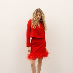 Red jacket skirt suit set, valentines day gift, feather suit, womens party suit set, wedding guest suit, womens clothing, holiday suit