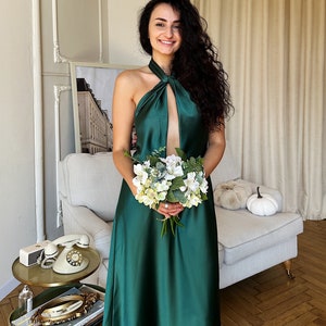 Wedding guest green satin dress, bridesmaid dress, green satin slip dress, maxi slip dress, evening sleeveless dress, emerald green dress