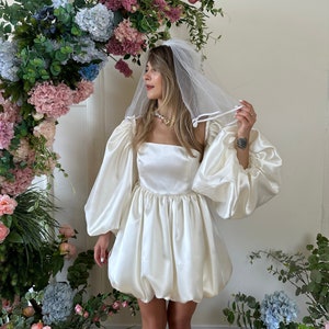 Short wedding dress, white mini dress, puff sleeves dress, bachelorette party, valentines day gift, womens clothing, engagement dress