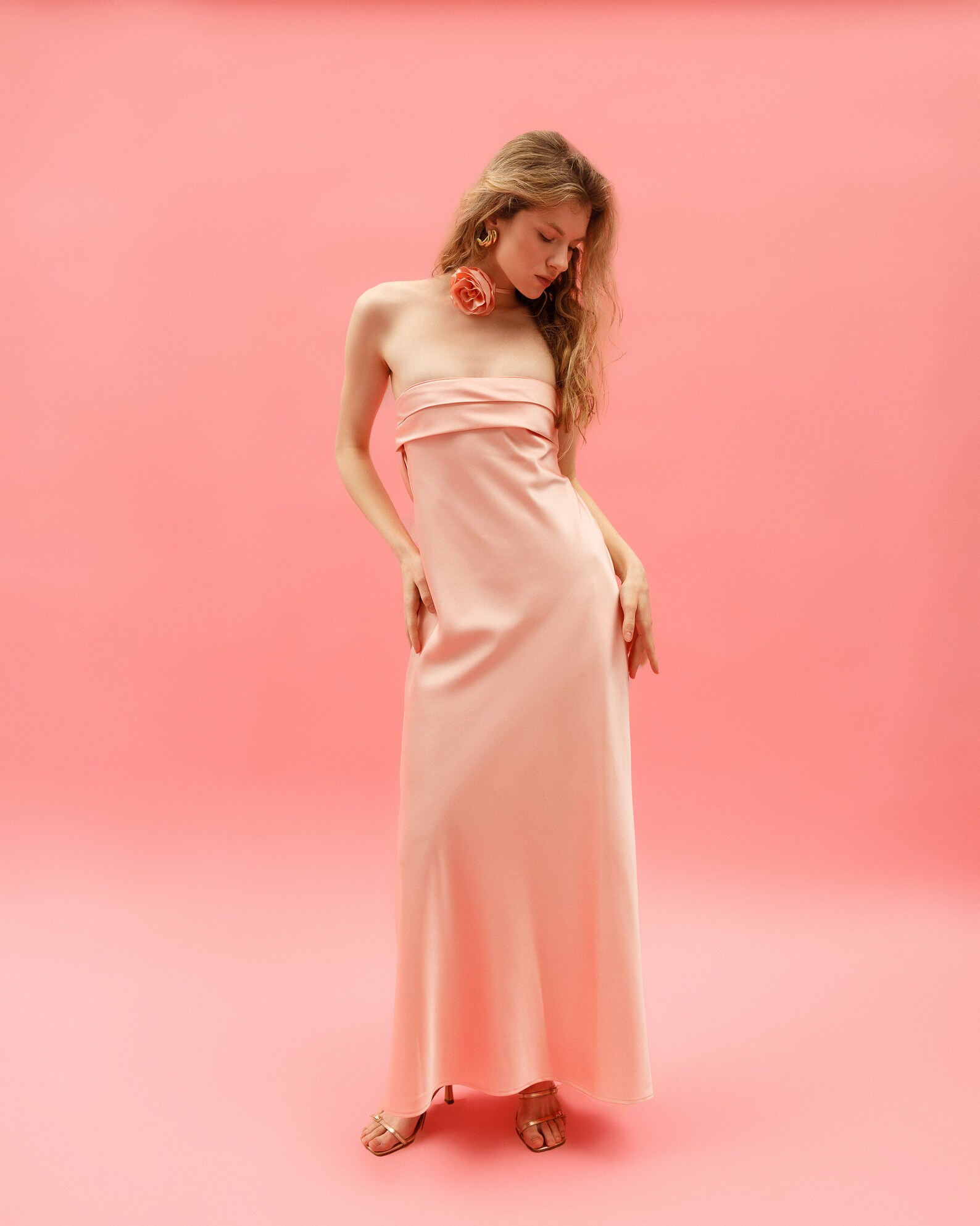 Classy Pink Sleeveless Satin Long Evening Dress Formal Wedding Guest Dress SP1300