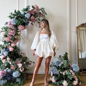 Short white wedding dress, white silk dress, puff sleeves dress, bachelorette party dress, engagement dress, cocktail dress, luxury dress