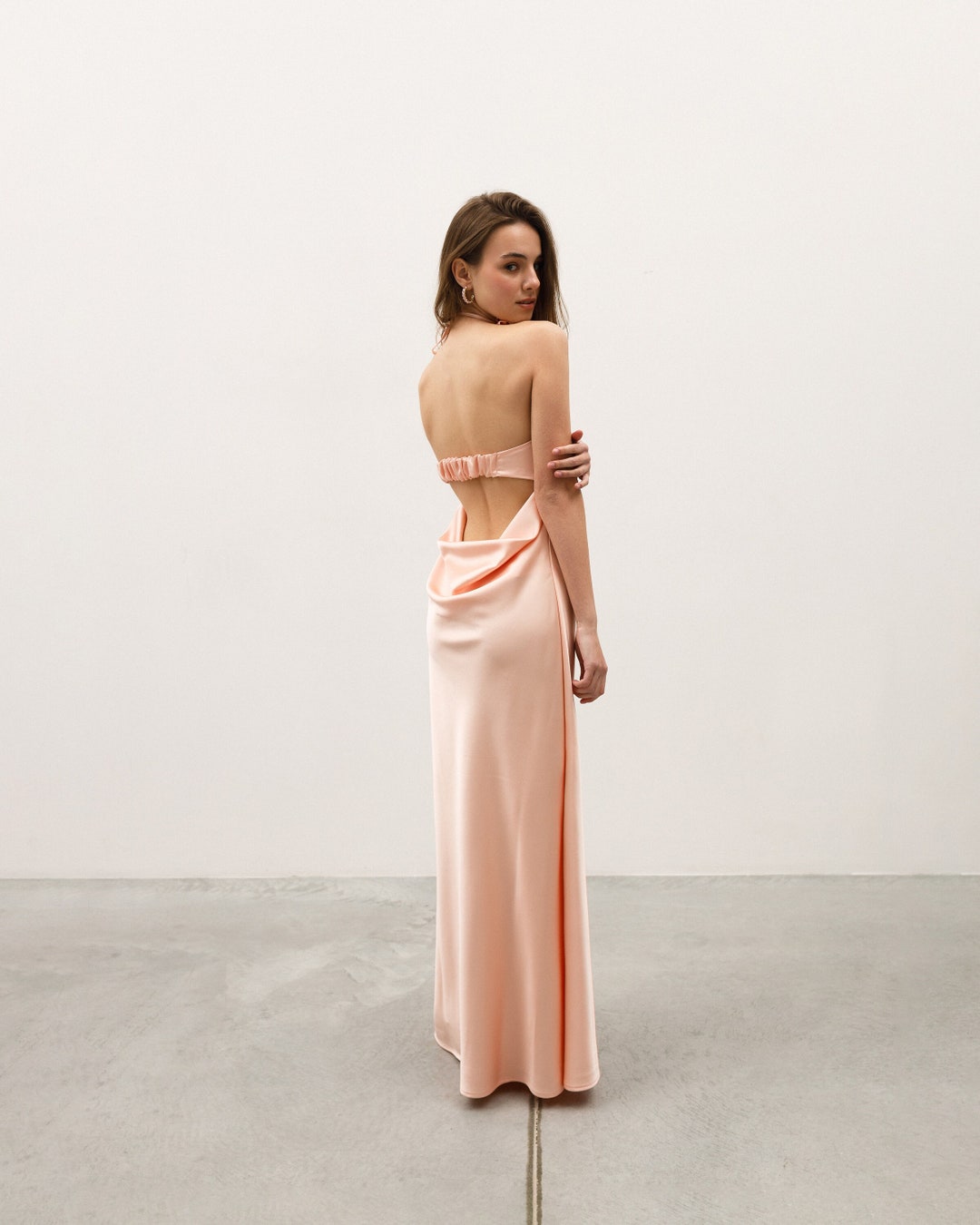 Light Pink Satin Wedding Guest Gown, off Shoulder Sleeveless Dress ...