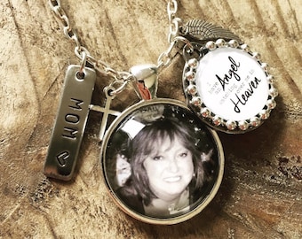 Photo Tribute Keychain or Necklace with small Angel in Heaven Charm