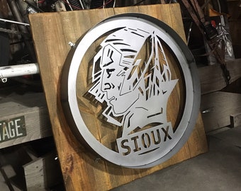 Sioux sign 30 Inches, brushed steel and wood with LEDs and remote