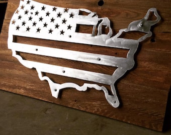 Brushed steel and wood United States shaped flag