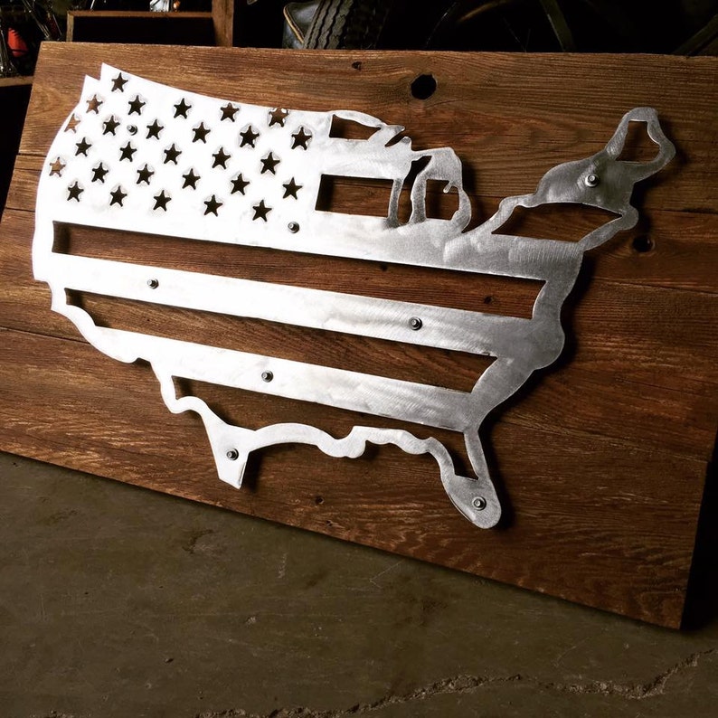 Brushed steel and wood United States shaped flag image 1