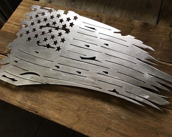 Brushed steel and wood tattered US Flag