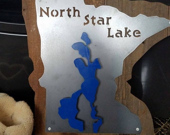 Steel and wood LAKE SIGN with customized lake