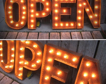 19" Tall OPEN LETTERS, marquee lights with patina