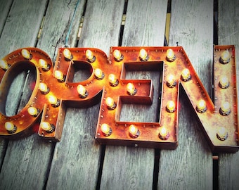 12" x 30" Width Steel Marquee OPEN SIGN with back, rusty