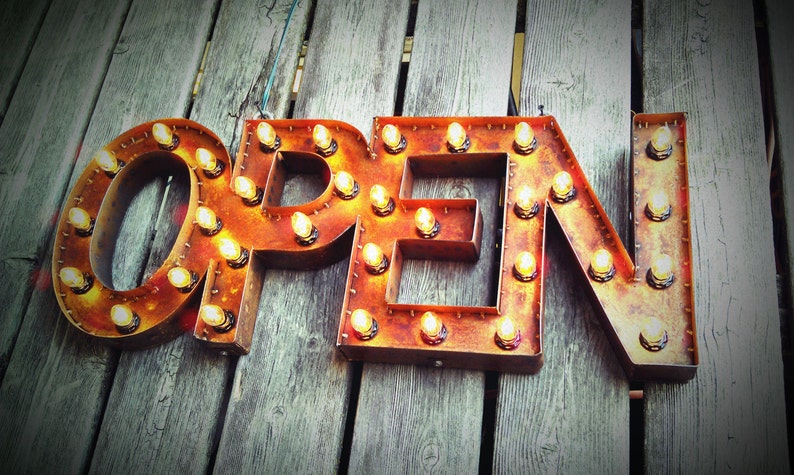 12 x 30 Width Steel Marquee OPEN SIGN with back, rusty image 1