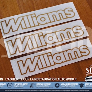 Peut inclure: Trois autocollants en vinyle blanc avec le mot "Williams" imprimé en lettres dorées. Les autocollants sont destinés à la restauration automobile et sont disponibles chez Stick-In.