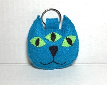 Three Eyed Cosmic Cat Plush Keychain Handcrafted Embroidered Felt