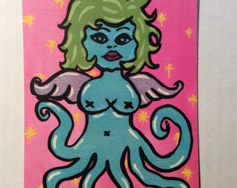 Flying Octo Gal Postcard / Mini Art Print free shipping