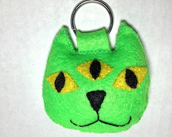 Three Eyed Cosmic Cat Plush Keychain Handcrafted Embroidered Felt