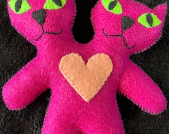 Fuscia Two Headed Kitty Plush Felt Doll coinjoined / siamese twins