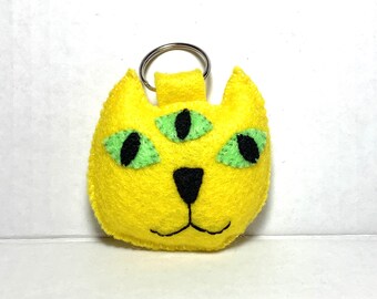 Three Eyed Cosmic Cat Plush Keychain Handcrafted Embroidered Felt