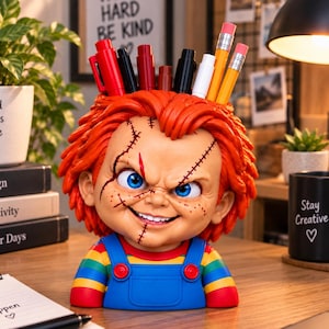 Puede incluir: Un organizador de escritorio con forma de cabeza de muñeco con cabello naranja brillante, ojos azules y cicatrices faciales. El muñeco viste un overol azul sobre una camisa de rayas arcoíris. La parte superior de la cabeza tiene orificios para lápices.
