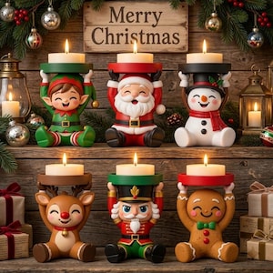 Puede incluir: Seis portavelas navideños con un elfo, Papá Noel, un muñeco de nieve, un reno, un cascanueces y un hombre de jengibre sentados. Cada figura sostiene una bandeja con una vela blanca encendida. Un letrero de madera dice Merry Christmas.