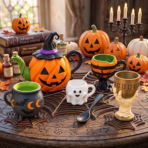Puede incluir: Un juego de té con temática de Halloween que incluye una tetera de calabaza con tapa de sombrero de bruja, una taza de caldero negro con motivos de murciélagos y lunas, una taza de fantasma blanco, una copa de mano de momia y una cuchara negra.