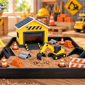 May include: A construction-themed sensory bin featuring a yellow garage, a miniature excavator, orange traffic cones, grey pipe segments, orange bricks, a white and orange barricade, and two black shovels, all set in a black tray filled with sand.