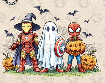 May include: A digital illustration of three Halloween characters: Iron Man in a witch hat, a ghost, and Spider-Man, each with a carved pumpkin. Bats and spiderwebs are scattered around the characters. The text "TUMOMDESIGN" is visible.
