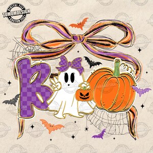 May include: A Halloween-themed graphic with the word "BOO" in purple checkered letters, a ghost holding a pumpkin, and an orange pumpkin. The design includes bats, a spiderweb, and a large bow with orange and purple stripes. The text "TUMOMDESIGN" is visible.