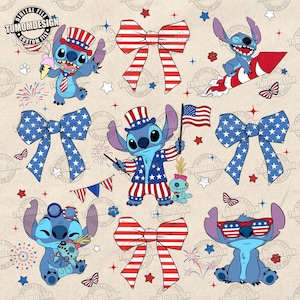 Puede incluir: Un conjunto de diez imágenes de clipart digitales que presentan a Stitch de Lilo & Stitch vestido con un atuendo patriótico rojo, blanco y azul. Las imágenes incluyen a Stitch con un sombrero de copa, gafas de sol y sosteniendo una bandera. También hay imágenes de lazos con rayas rojas y blancas y estrellas azules.