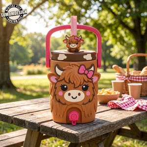 May include: A brown beverage dispenser featuring a cartoon Highland cow face with a pink bow, a pink handle, and a pink spigot. The lid has a brown and white cow print pattern and a small Highland cow topper. The text TUMOMDESIGN is visible.