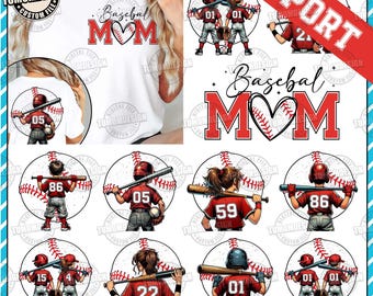 May include: A white t-shirt with the text "Baseball Mom" in red and black, with a heart-shaped baseball. The image also features baseball-themed graphics of players and baseballs, perfect for sports fans.