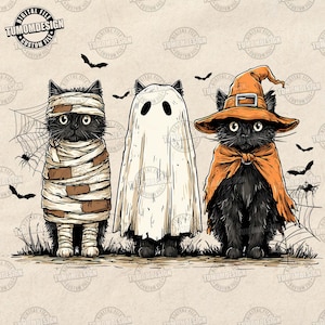 May include: A digital illustration features three black cats dressed in Halloween costumes. One is wrapped as a mummy, another is a ghost, and the third is a witch. Bats and spiderwebs are also included in the design.