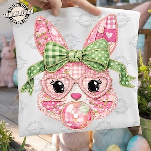 Blommig kaninlappverk PNG, trendig påsk PNG, blommig retro påsk PNG, Cottage Core Gingham-lappverk PNG, kanin PNG, sublimeringsfil