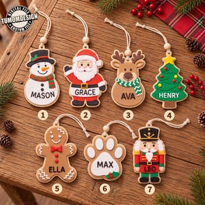 May include: Seven Christmas ornaments featuring a snowman, Santa Claus, reindeer, Christmas tree, gingerbread person, paw print, and nutcracker. Each ornament includes a hanging string, a wooden bead, and a name: Mason, Grace, Ava, Henry, Ella, Max, or Leo.