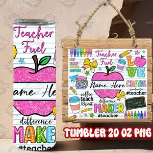 May include: A 20 oz tumbler and a wooden sign with a teacher theme. The tumbler features the text "Teacher Fuel" and an apple design. The sign includes the words "Teacher Fuel", "Love", and "Chaos", along with school-related graphics.