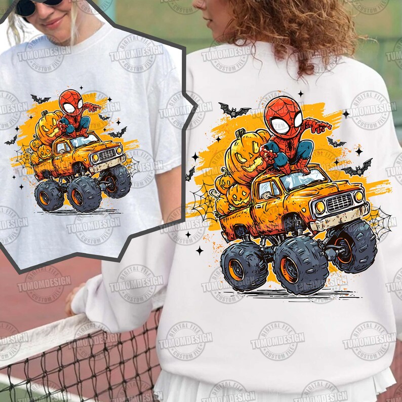 May include: White t-shirt and sweatshirt featuring a Halloween-themed graphic. The design shows Spider-Man on a monster truck filled with pumpkins. Bats and spiderwebs are also included in the design. The text "TUMOMDESIGN" is printed on the shirt.