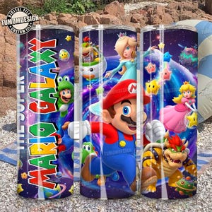 May include: Three stainless steel tumblers featuring characters from the Super Mario Galaxy video game. The tumblers display Mario, Yoshi, Princess Peach, Bowser, and Rosalina against a space-themed background. The text "THE SUPER MARIO GALAXY" is also visible.