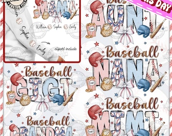 May include: A digital design featuring a baseball theme with the words "Baseball Grandma", "Baseball Gigi", "Baseball Nana", "Baseball Mimi", and "Baseball Auntie" in a colorful, watercolor style. The design includes baseballs, bats, gloves, and other baseball-related imagery.