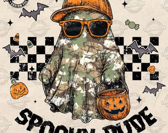 Op de afbeelding: Een Halloween-afbeelding met een spook met een oranje pet en zonnebril, gekleed in camouflage. Het spook houdt een pompoenemmer vast en is omringd door vleermuizen, snoep en de tekst "SPOOKY DUDE."