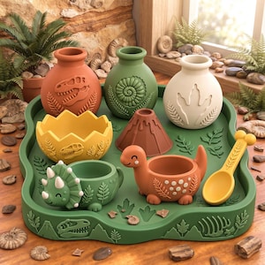 May include: A green tray holding three vases with dinosaur, ammonite, and footprint reliefs, a yellow cracked egg bowl, a brown volcano, a green triceratops bowl, an orange dinosaur bowl, and a yellow spoon, all featuring prehistoric motifs.