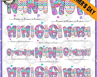 Preppy Mama Grandma Floral Glitter Png, Retro Boho Floral Mama with kids names Png, Custom Preppy Mama Png, Checkered Mom, Sublimation File