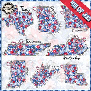 Bundle de 8 png carte de l'État des États-Unis, carte de l'État patriotique avec noeud, carte florale du 4 juillet Png, rouge blanc bleu Png, Memorial Day, fichier de sublimation